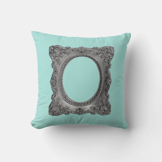 Victorian picture frame minimalist silver teal blu throw pillow (Front)