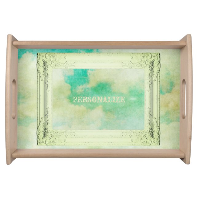 Victorian picture frame sky painting teal cream serving tray (Front)