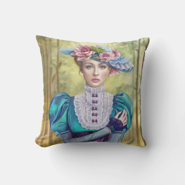 Victorian pillow, beautiful woman wearing a hat throw pillow (Front)