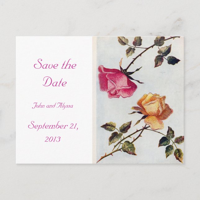 Victorian Pink and Yellow Roses Save the Date Card (Front)