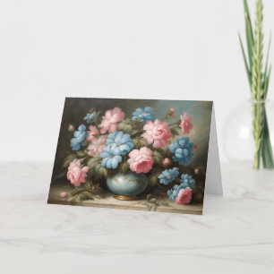 Victorian Pink, Blue Flowers in Vase Still Life Card