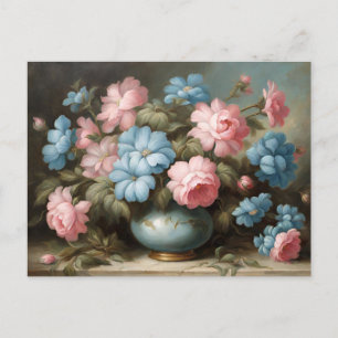 Victorian Pink, Blue Flowers in Vase Still Life Postcard