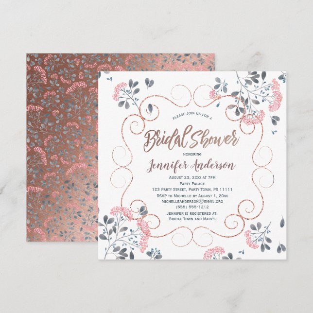 Victorian Pink Blue Rose Gold Floral Bridal Shower Invitation (Front/Back)