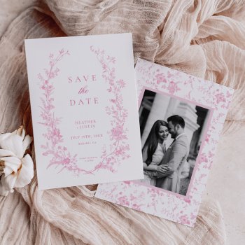 Victorian Pink Floral Dusty Blue Wedding Save The Date by SweetRainDesign at Zazzle
