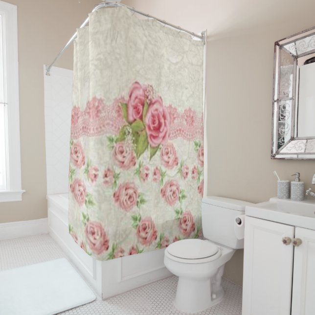 Victorian pink floral showercurtain shower curtain (In Situ)