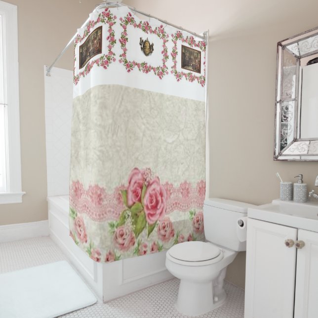 Victorian pink floral showercurtain shower curtain (In Situ)