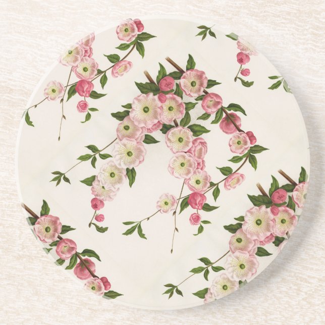 Victorian Pink Flowering Almond Sandstone Drink Coaster (Front)