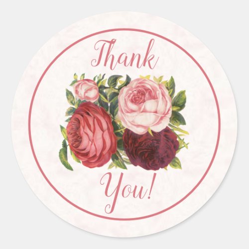 Victorian Pink Red Burgandy Cabbage Rose Thank You Classic Round Sticker