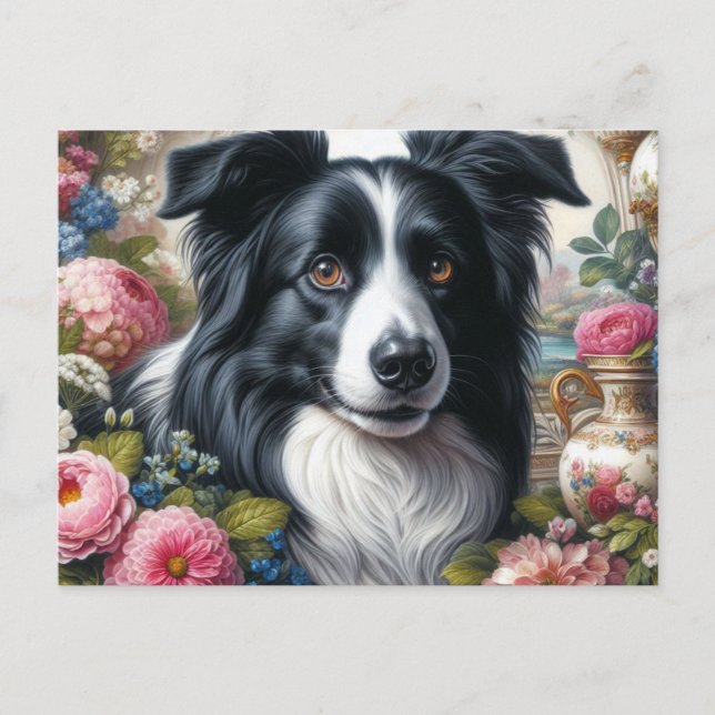 Victorian Pink Roses Border Collie Postcard (Front)
