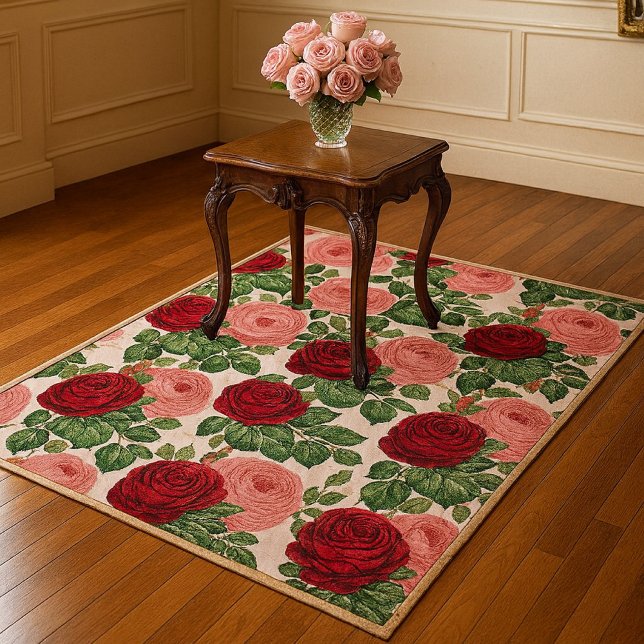 Victorian Pink Roses Botanical Area Rug (	Let the roses bloom beneath your feet a floral rug and vintage table for timeless charm. (mockup))