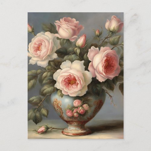 Victorian Pink Roses in a Vase  Postcard