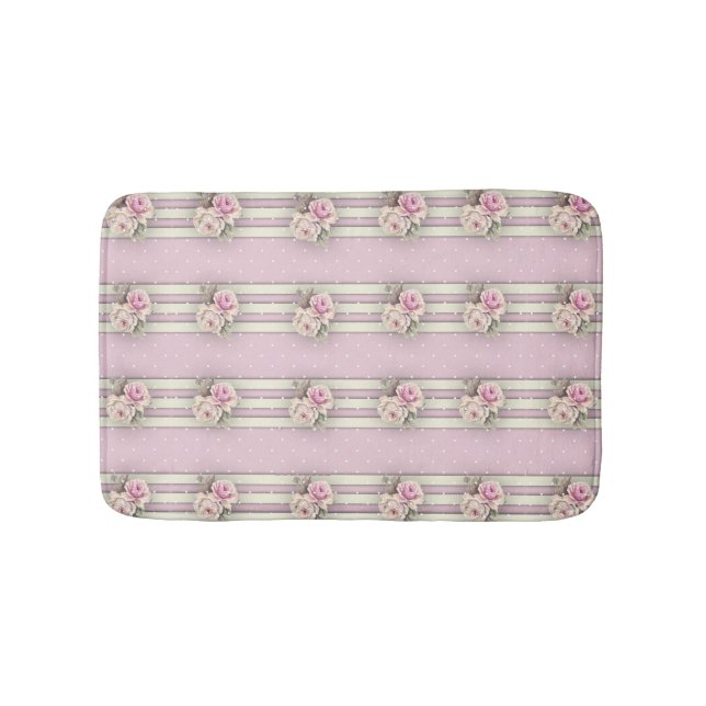 Victorian Pink Roses White Ecru Dots & Borders Bathroom Mat (Front)