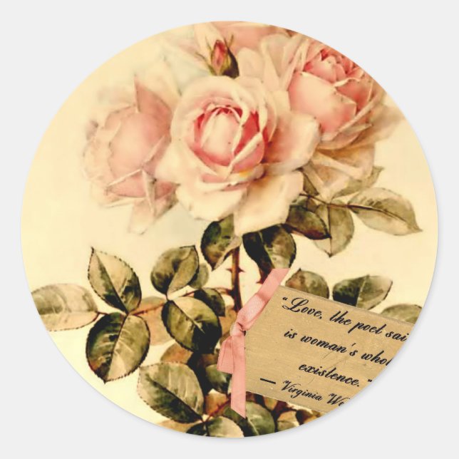 Victorian Pink Roses with Motivational Quote Classic Round Sticker (Front)