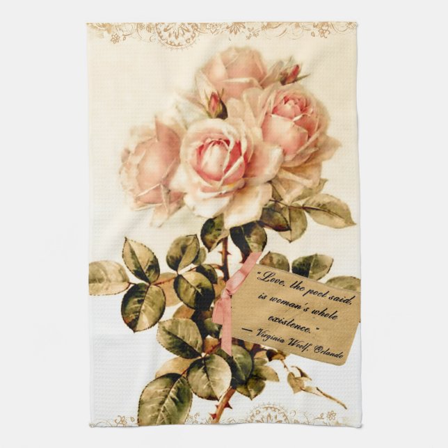 Victorian Pink Roses with Motivational Quote Kitchen Towel (Vertical)