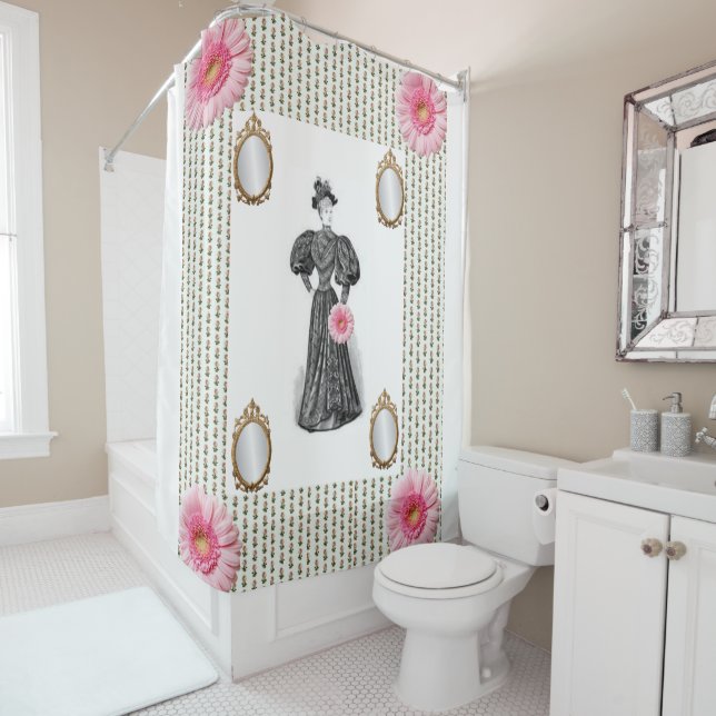 Victorian pink white floral shower curtain (In Situ)