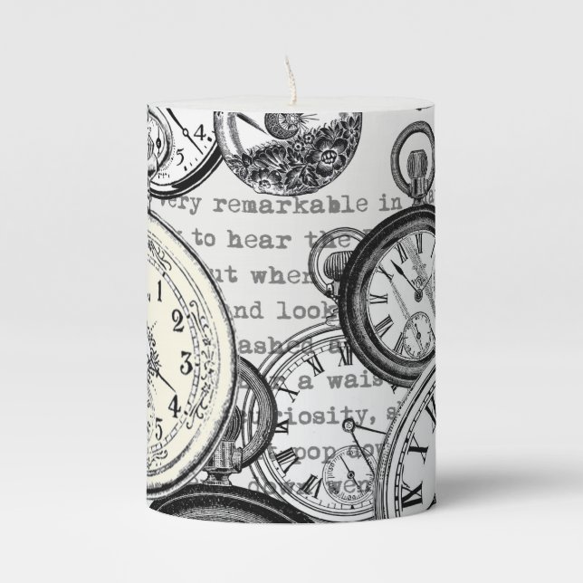 Victorian Pocket Watch Collage Alice in Wonderland Pillar Candle (Front)