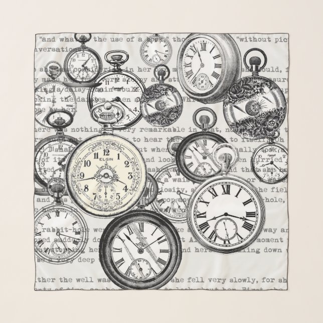 Victorian Pocket Watch Collage Alice in Wonderland Scarf (Front (Horizontal))
