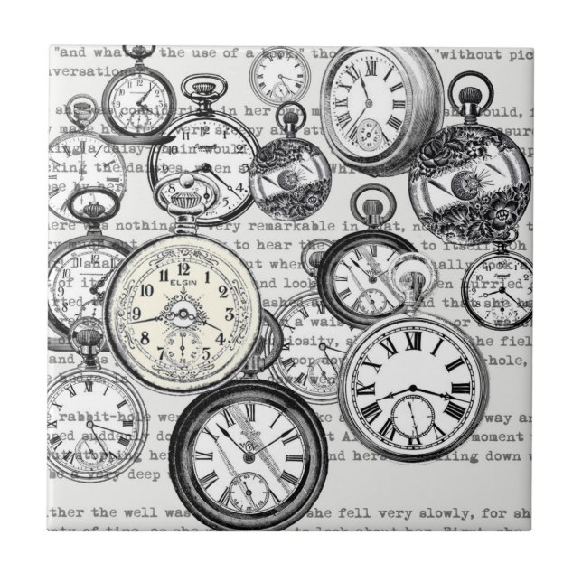 Victorian Pocket Watch Collage Alice Wonderland Ceramic Tile (Front)