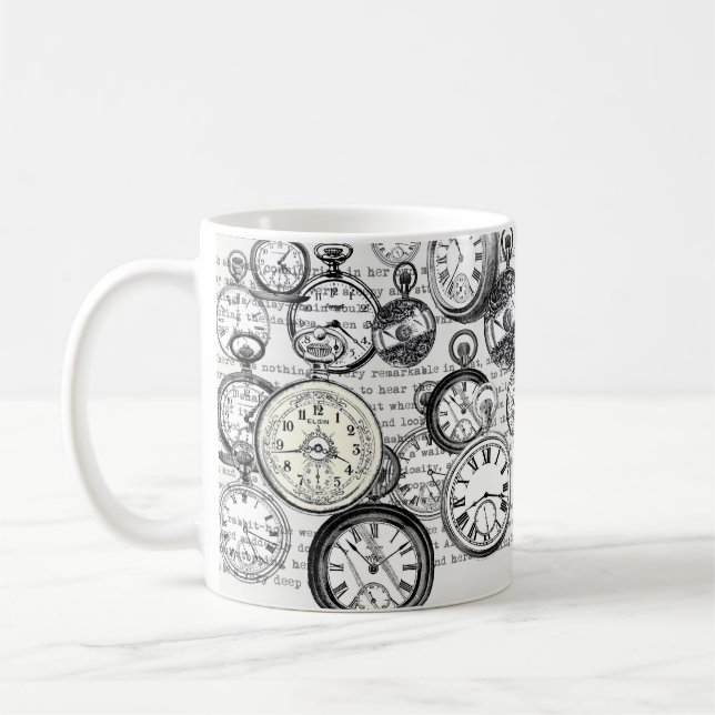 Victorian Pocket Watch Collage Alice Wonderland Coffee Mug (Left)