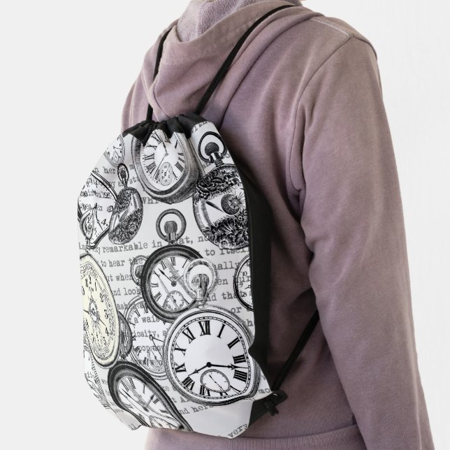 Victorian Pocket Watch Collage Alice Wonderland Drawstring Bag (Insitu)