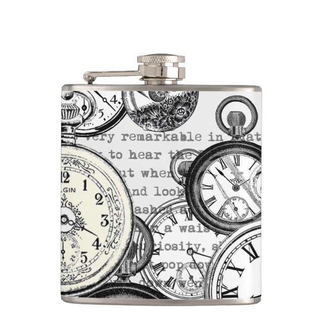 Victorian Pocket Watch Collage Alice Wonderland Hip Flask (Front)