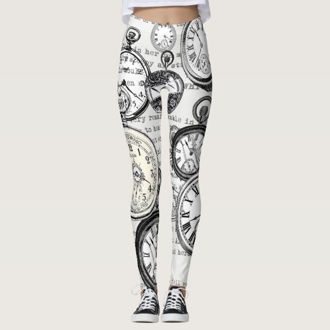 Victorian Pocket Watch Collage Alice Wonderland Leggings (Front)