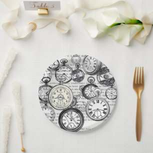 Victorian Pocket Watch Collage Alice Wonderland Paper Plates
