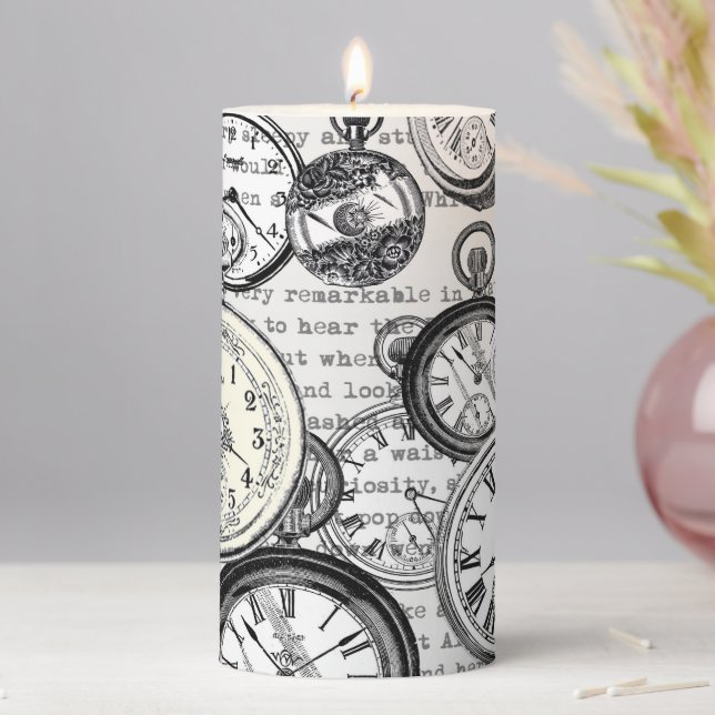 Victorian Pocket Watch Collage Alice Wonderland Pillar Candle (In Situ)