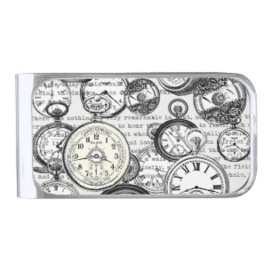 Victorian Pocket Watch Collage Alice Wonderland Silver Finish Money Clip