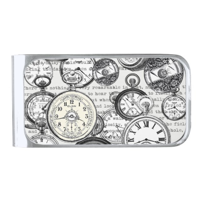 Victorian Pocket Watch Collage Alice Wonderland Silver Finish Money Clip (Front)