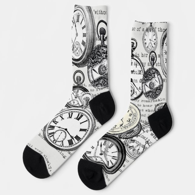 Victorian Pocket Watch Collage Alice Wonderland Socks (Left)