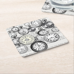 Victorian Pocket Watch Collage Alice Wonderland Square Paper Coaster
