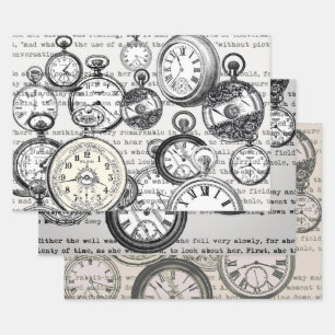 Victorian Pocket Watch Collage Alice Wonderland Wrapping Paper Sheets