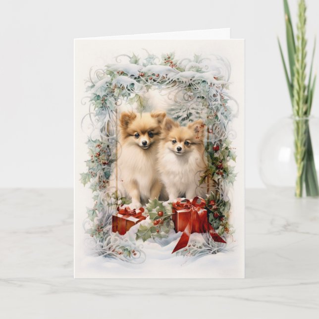 Victorian Pomeranian Puppy Christmas Holiday Card (Front)