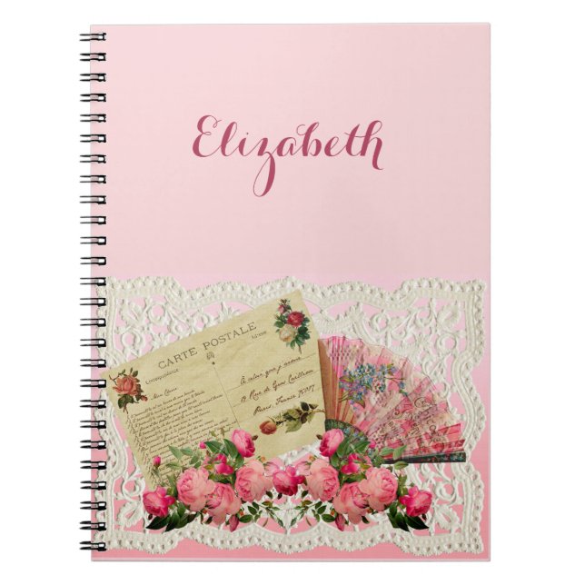 Victorian Postcard, Fan, Roses, Lace Doily - Pink Notebook (Front)