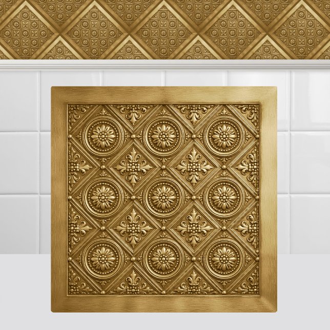 Victorian Pressed Gold Rosette Metal Ceiling Ceramic Tile (Antique Victorian Pressed Gold Rosette Metal Ceiling Ceramic Tile)