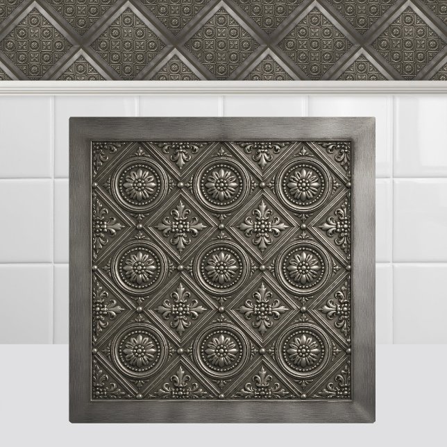 Victorian Pressed Tin Rosette Silver Metal Grid Ceramic Tile (Victorian Pressed Tin Rosette Silver Metal Grid Ceiling Ceramic Tile)