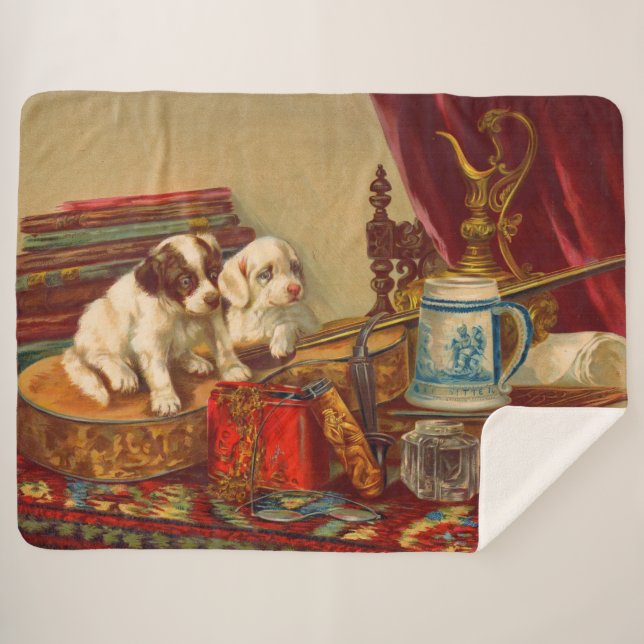 Victorian puppy dogs print sherpa blanket (Front (Horizontal))