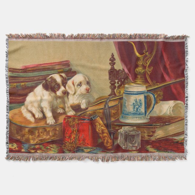 Victorian puppy dogs print throw blanket (Front)
