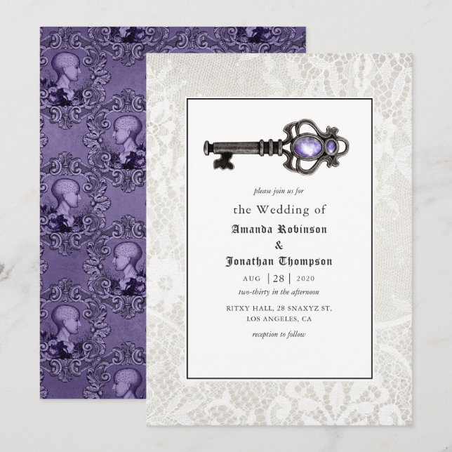 Victorian Purple & Black Phrenology Gothic Wedding Invitation (Front/Back)
