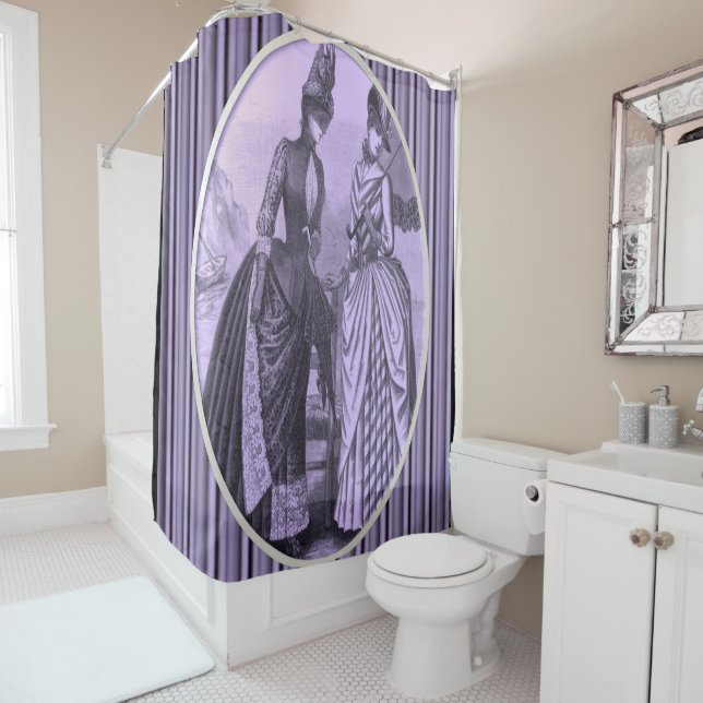 Victorian purple black stripe lady showercurtain shower curtain (In Situ)