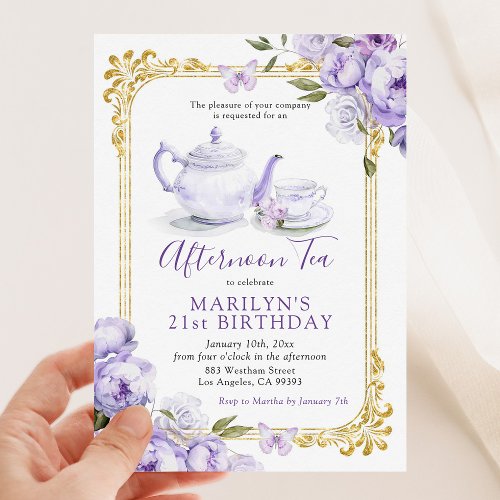Victorian Purple Floral Birthday Tea Party Invitation