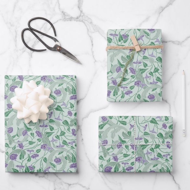 Victorian Purple Flower Ivy Decorative Flourish Wrapping Paper Sheets (Front)