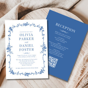 Victorian QR Code All in One Royal Blue Wedding  Invitation