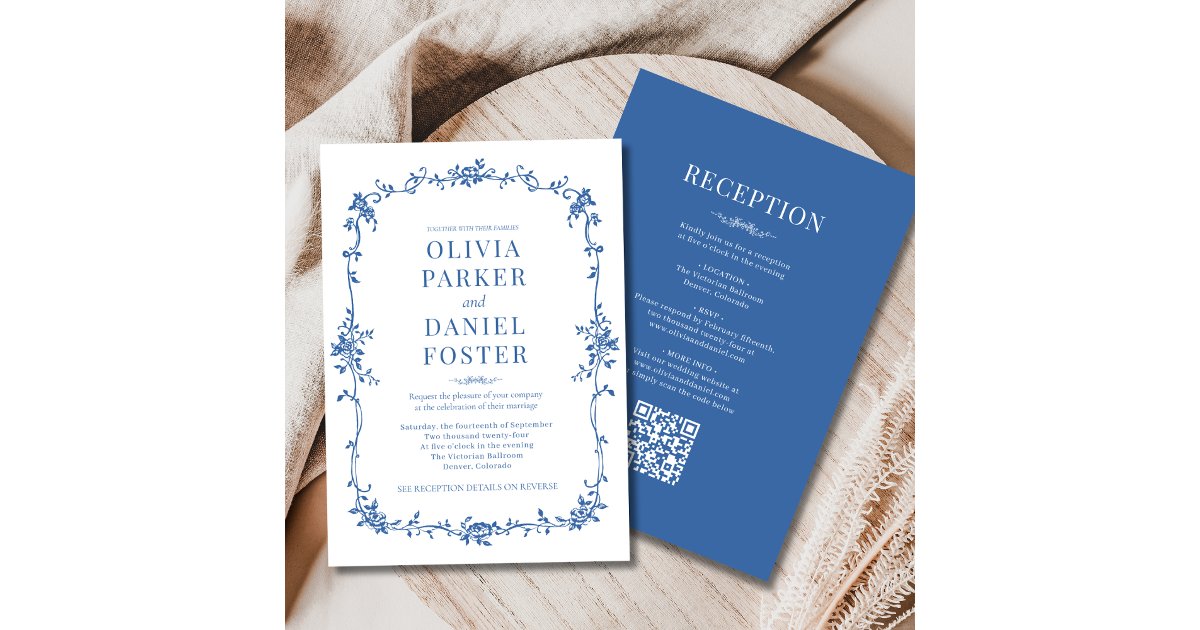 Victorian QR Code All in One Royal Blue Wedding Invitation | Zazzle