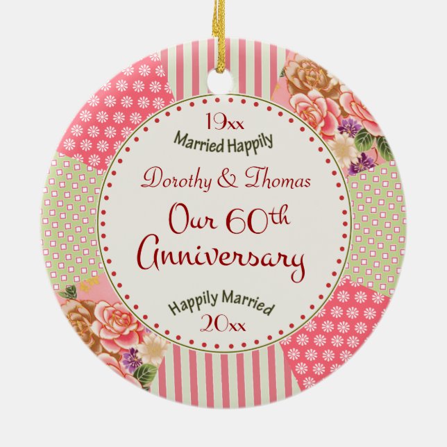 Victorian Quilt 60th Anniversary Christmas Gifts Ceramic Ornament (Back)