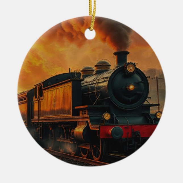 Victorian Rail Travel - Steampunk Steam Train Ceramic Ornament (Front)