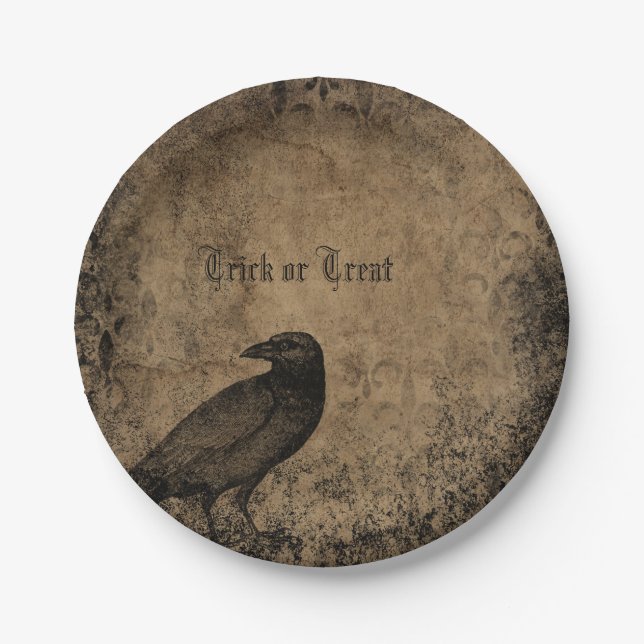 Victorian raven Illustration Halloween themed Paper Plates (Front)