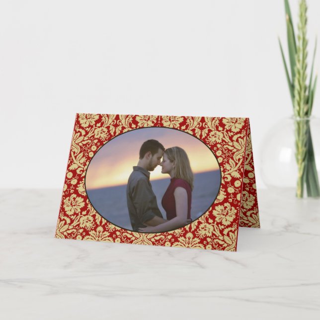 Victorian Red and Tan Floral Damask Photo Wedding Invitation (Front)