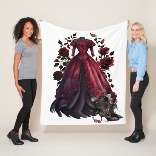 Victorian Red Dress and Heels  Antique Roses Gown Fleece Blanket